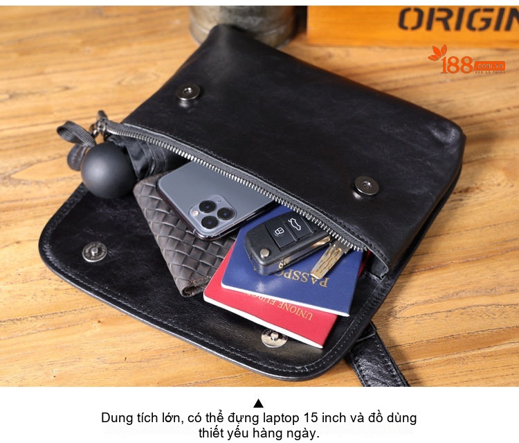 Túi Đeo Ngực/Đeo Chéo Nam Da Thật Đầu Lớp Thực Vật Túi Nhỏ Mini Đựng Điện Thoại Màu Đen chi tiết 12