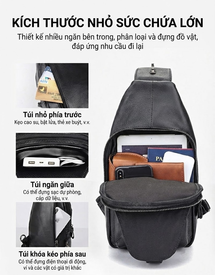 Túi Đeo Ngực/Đeo Chéo Nam Da Thật Phong Cách Retro Cao Cấp Màu Đen chi tiết 6