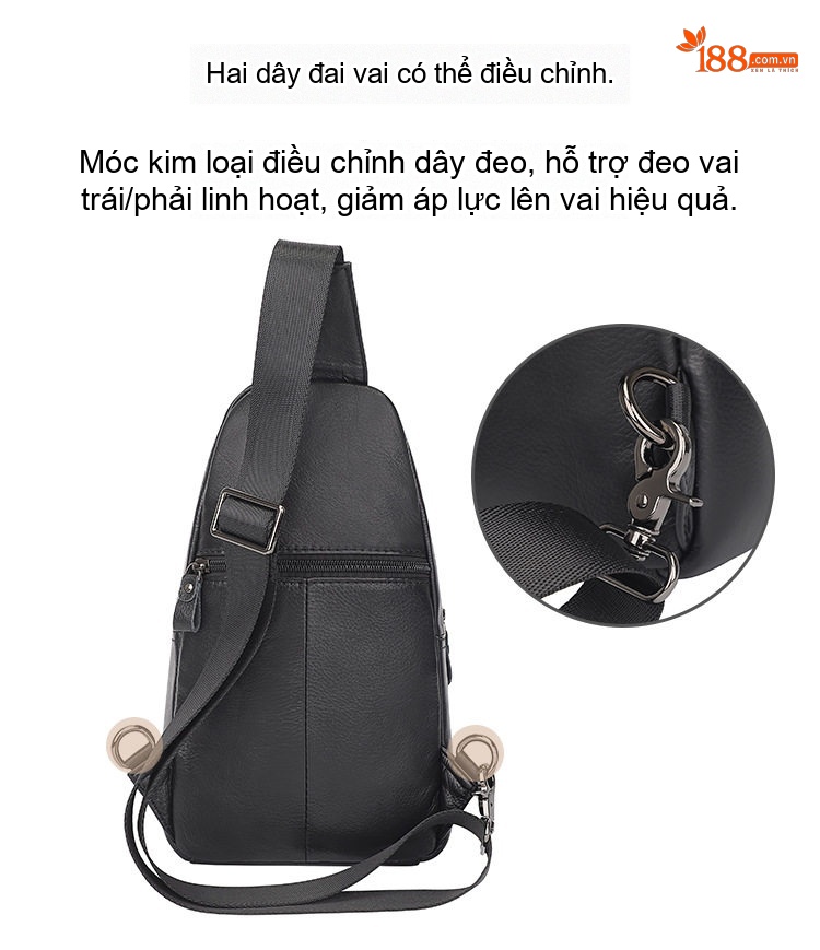 Túi Đeo Ngực/Đeo Chéo Nam Da Thật Thời Trang, Dung Tích Lớn Màu Đen chi tiết 6