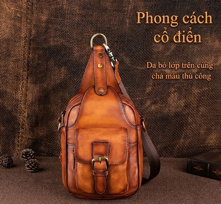 Túi Đeo Ngực/Đeo Chéo Nam Da Thật Thủ Công Màu Nâu chi tiết 1