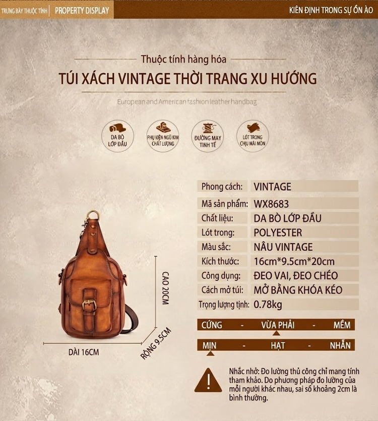 Túi Đeo Ngực/Đeo Chéo Nam Da Thật Thủ Công Màu Nâu chi tiết 2