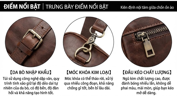 Túi Đeo Ngực/Đeo Chéo Nam Da Thật Thủ Công Màu Nâu chi tiết 3
