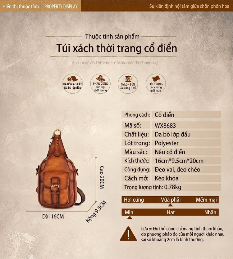 Túi Đeo Ngực/Đeo Chéo Nam Da Thật Thủ Công Màu Nâu chi tiết 18