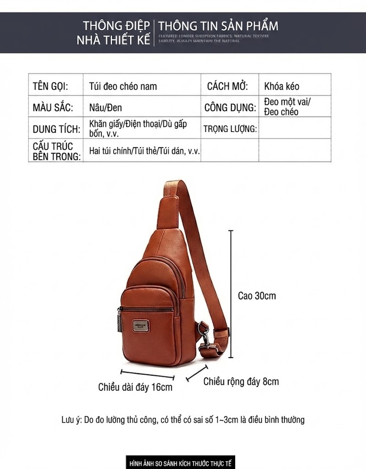 Túi Đeo Ngực/Đeo Chéo Nữ Da Bò Phong Cách Retro Nhiều Ngăn Màu Nâu chi tiết 17