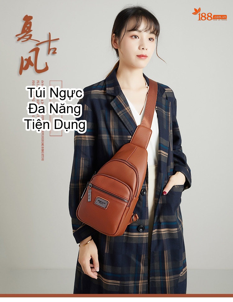 Túi Đeo Ngực/Đeo Chéo Nữ Da Bò Phong Cách Retro Nhiều Ngăn Màu Nâu chi tiết 1