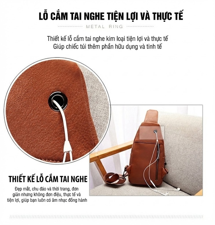 Túi Đeo Ngực/Đeo Chéo Nữ Da Bò Phong Cách Retro Nhiều Ngăn Màu Nâu chi tiết 5