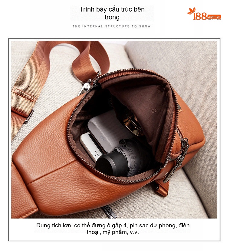 Túi Đeo Ngực/Đeo Chéo Nữ Da Bò Phong Cách Retro Nhiều Ngăn Màu Nâu chi tiết 12