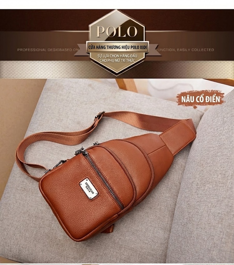 Túi Đeo Ngực/Đeo Chéo Nữ Da Bò Phong Cách Retro Nhiều Ngăn Màu Nâu chi tiết 14