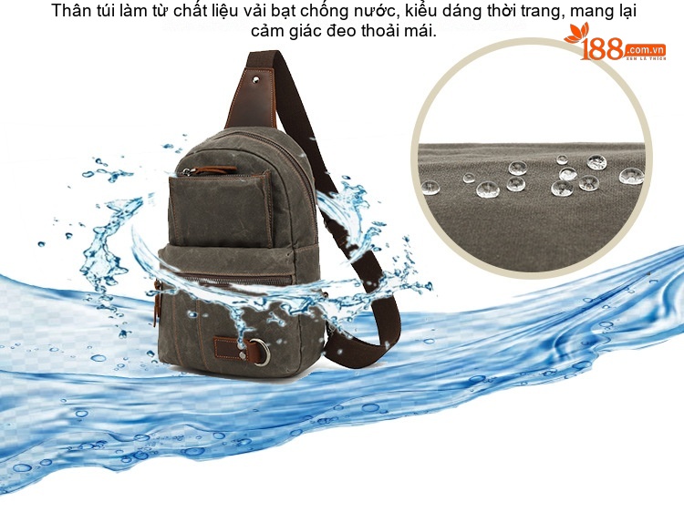 Túi Đeo Ngực/Đeo Chéo Vải Canvas Phối Da Màu Xanh Rêu, Nâu chi tiết 5
