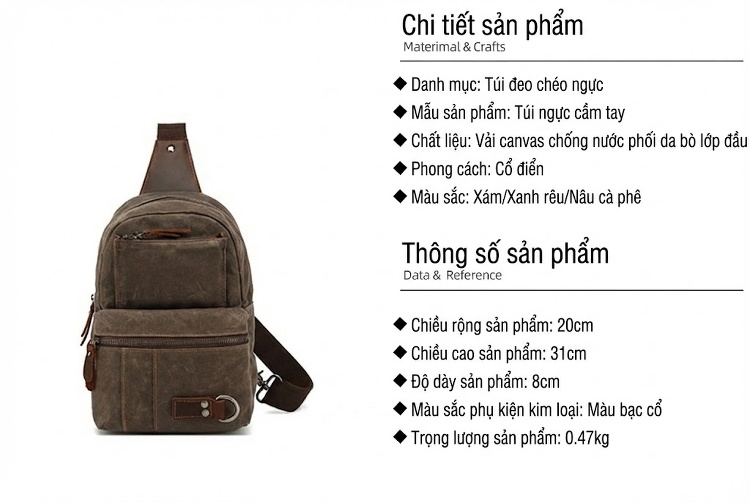 Túi Đeo Ngực/Đeo Chéo Vải Canvas Phối Da Màu Xanh Rêu, Nâu chi tiết 6