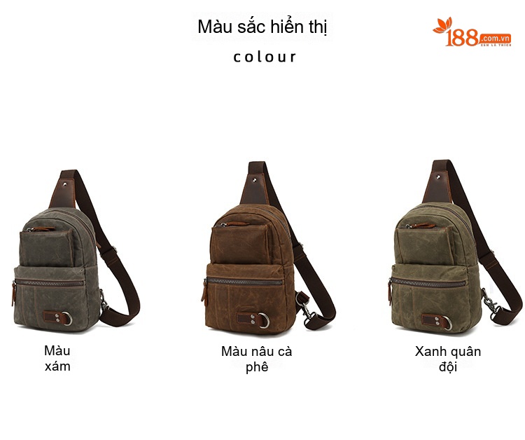 Túi Đeo Ngực/Đeo Chéo Vải Canvas Phối Da Màu Xanh Rêu, Nâu chi tiết 8