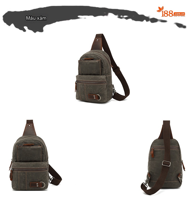 Túi Đeo Ngực/Đeo Chéo Vải Canvas Phối Da Màu Xanh Rêu, Nâu chi tiết 10