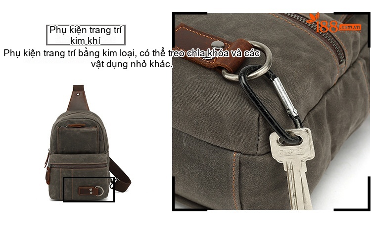 Túi Đeo Ngực/Đeo Chéo Vải Canvas Phối Da Màu Xanh Rêu, Nâu chi tiết 12