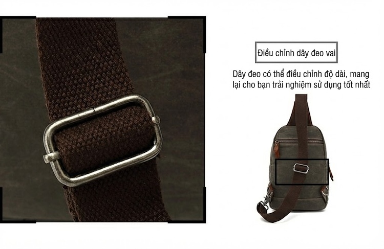 Túi Đeo Ngực/Đeo Chéo Vải Canvas Phối Da Màu Xanh Rêu, Nâu chi tiết 13