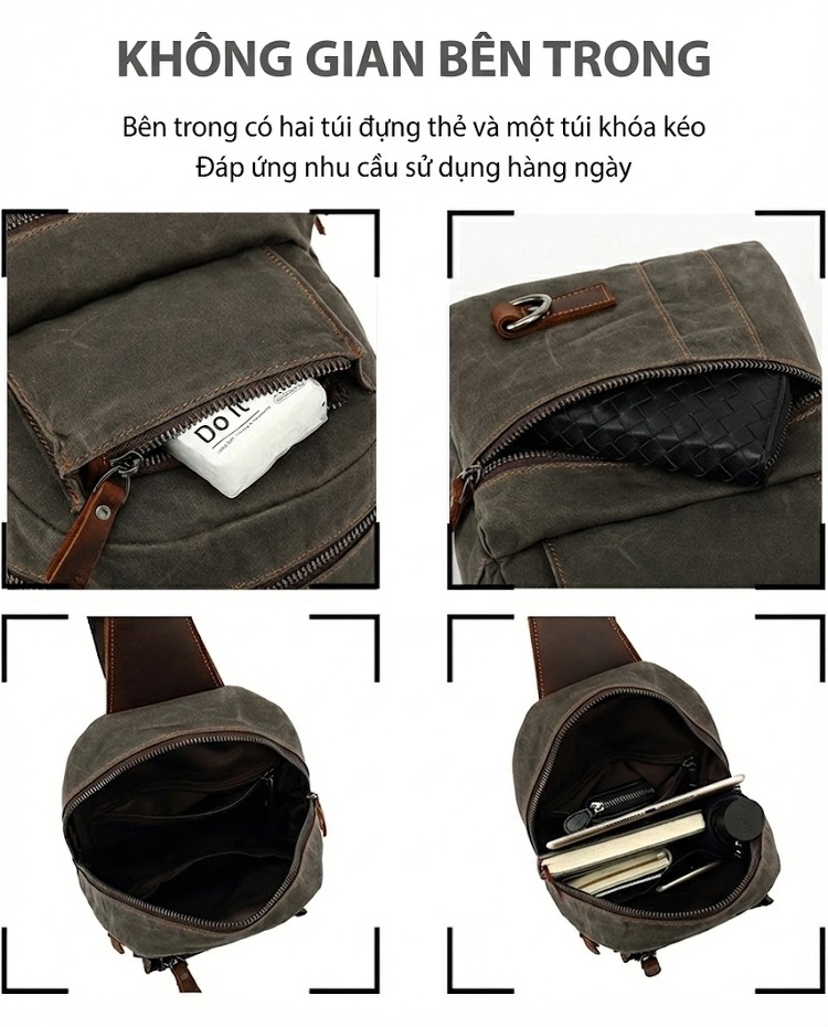 Túi Đeo Ngực/Đeo Chéo Vải Canvas Phối Da Màu Xanh Rêu, Nâu chi tiết 15