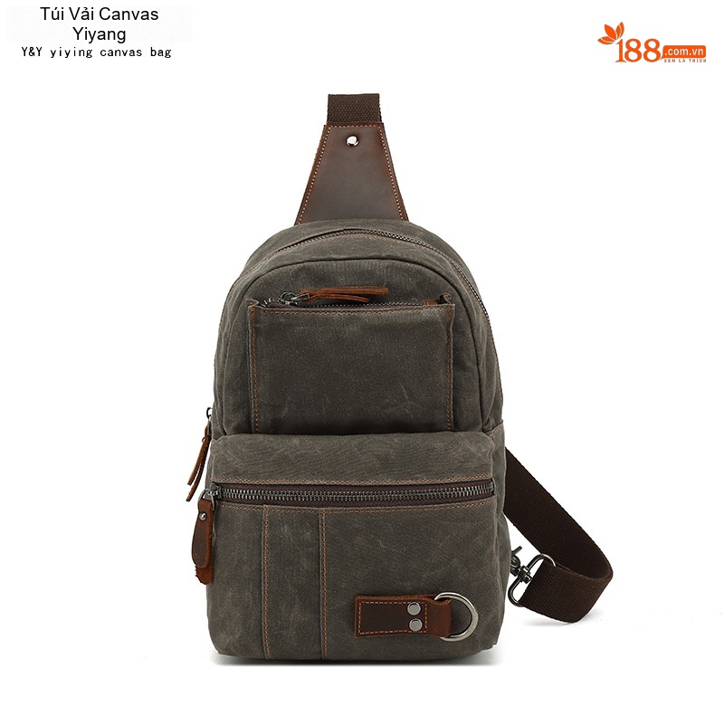 Túi Đeo Ngực/Đeo Chéo Vải Canvas Phối Da Màu Xanh Rêu, Nâu