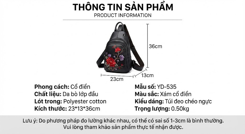Túi Đeo Ngực/Đeo Vai/Đeo Lưng Nữ Da Bò Dập Hoa Văn Cổ Điển Màu Đen chi tiết 10