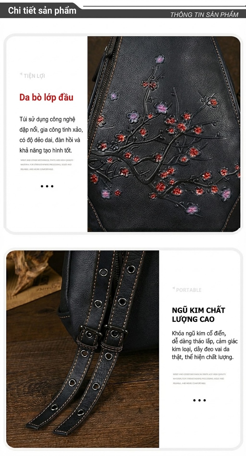 Túi Đeo Ngực/Đeo Vai/Đeo Lưng Nữ Da Bò Dập Hoa Văn Cổ Điển Màu Đen chi tiết 9