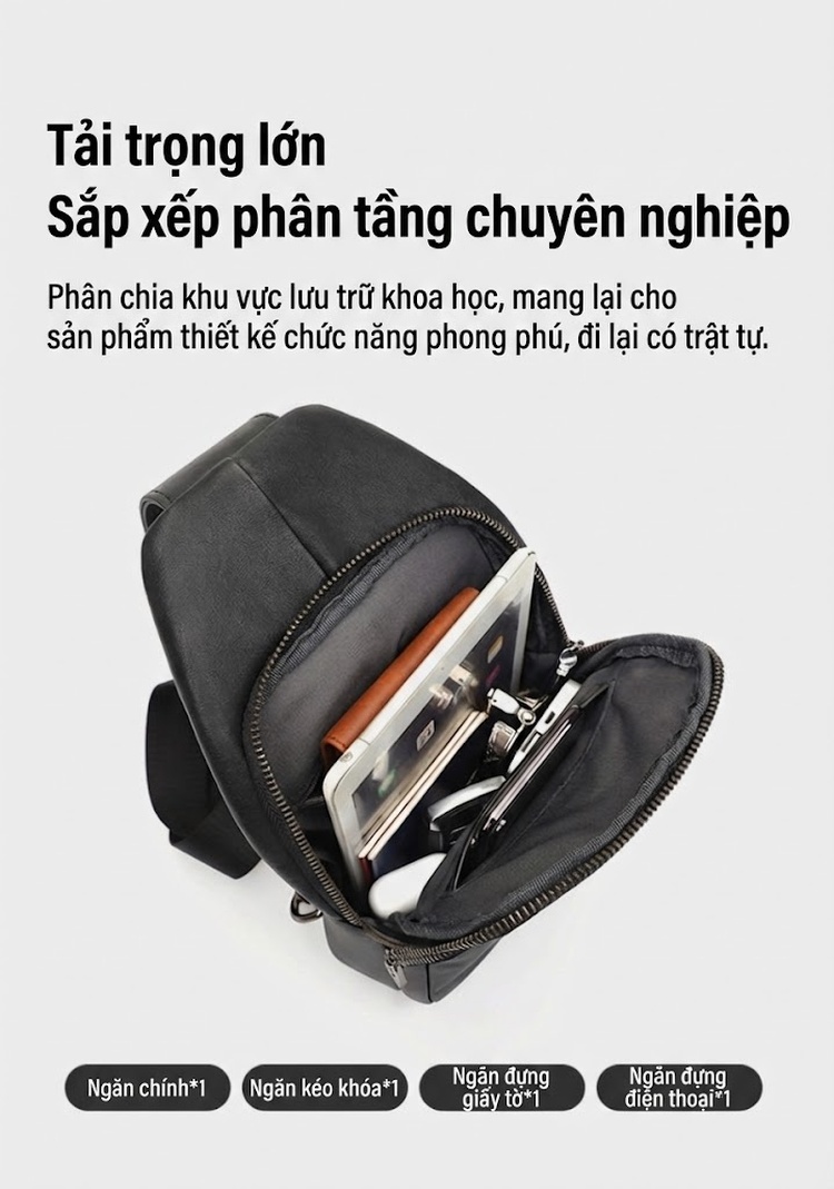 Túi Đeo Ngực/Đeo Vai Nam Da Bò Chống Nước Phong Cách Âu Mỹ Màu Đen chi tiết 9