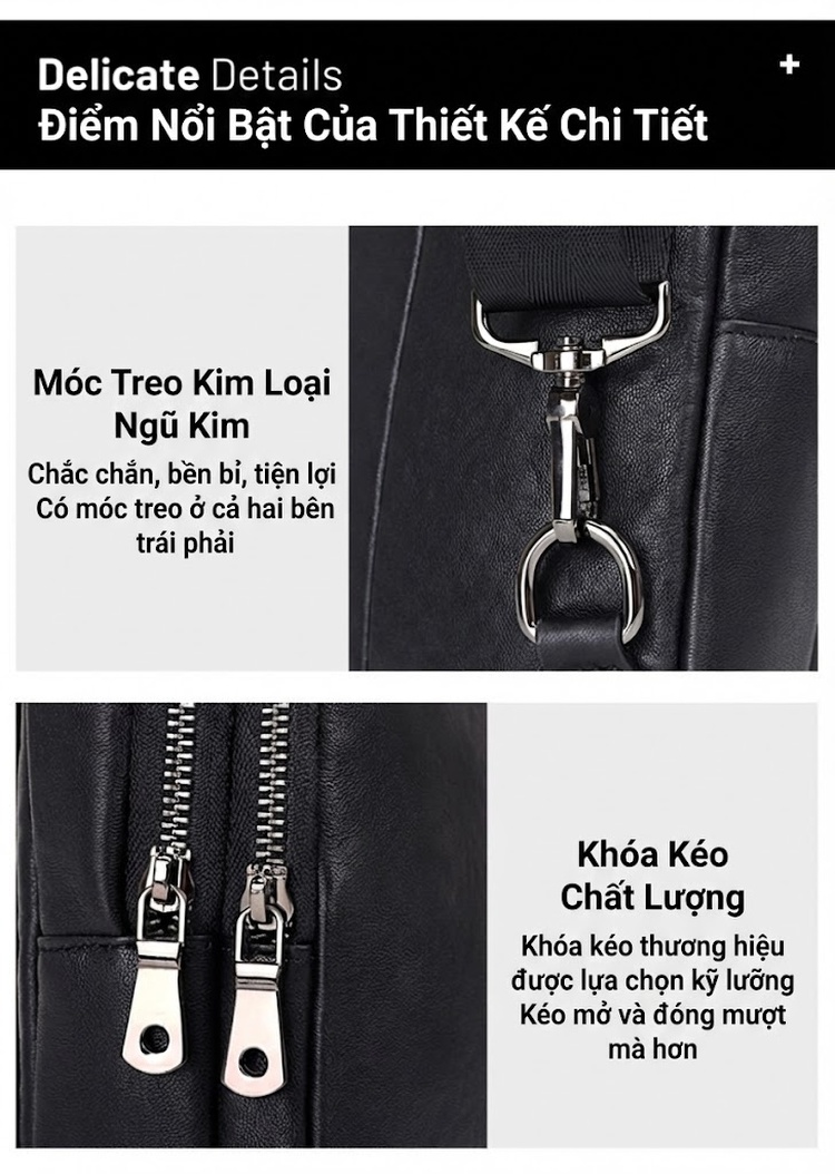 Túi Đeo Ngực/Đeo Vai Nam Da Bò Chống Nước Phong Cách Âu Mỹ Màu Đen chi tiết 12