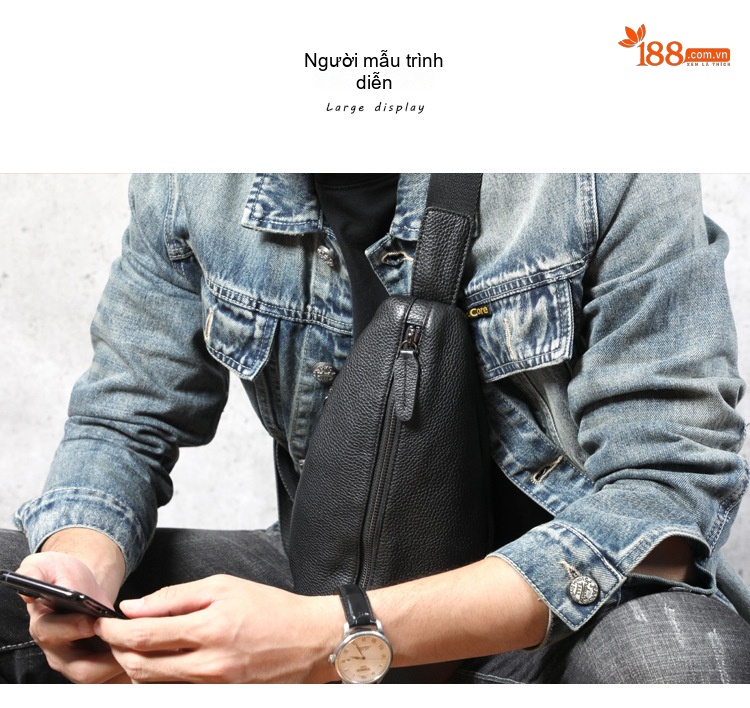 Túi Đeo Ngực/Đeo Vai Nam Da Bò Thật Phong Cách Casual Màu Đen chi tiết 4