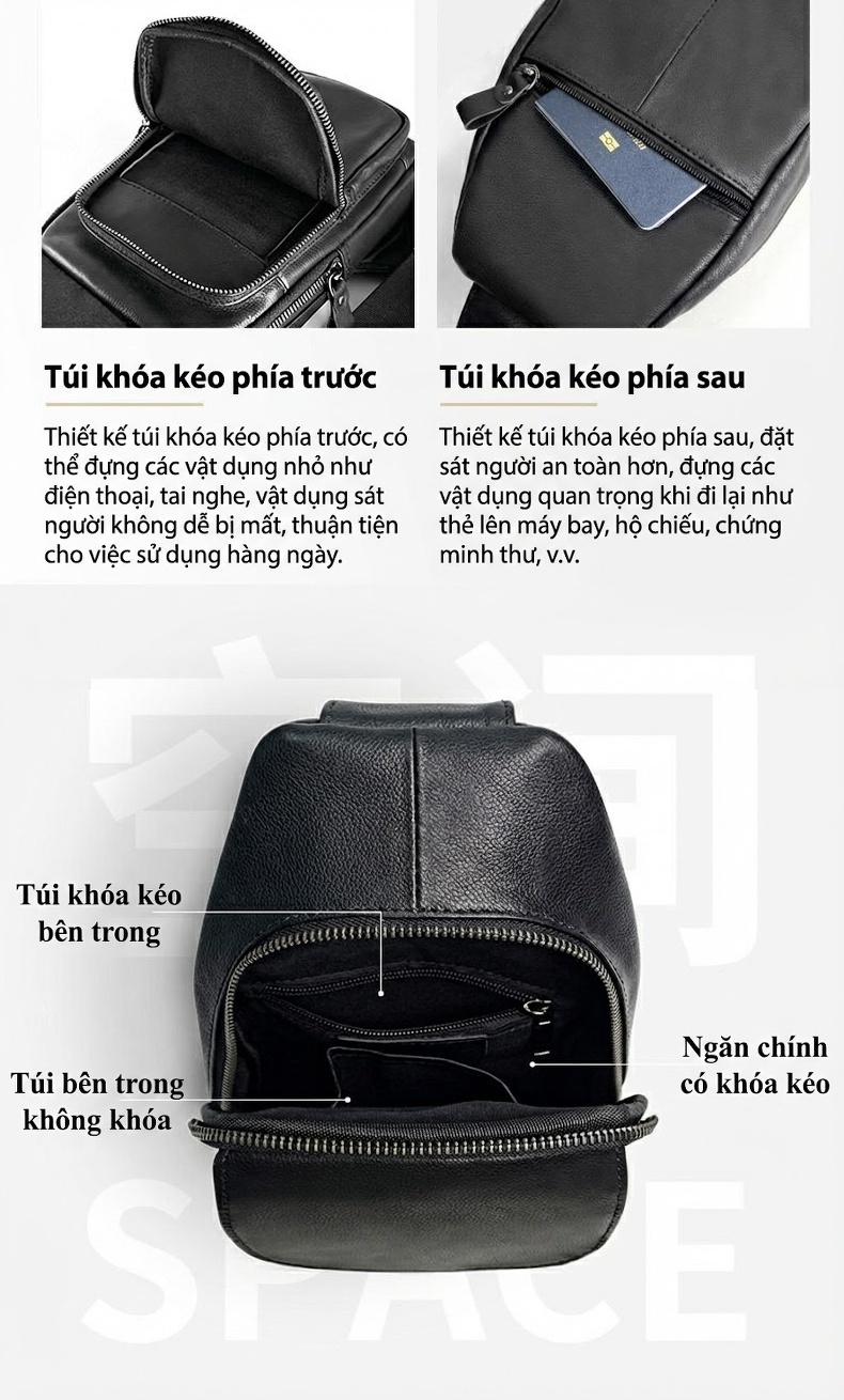 Túi Đeo Ngực Nam Da Bò Cao Cấp Phong Cách Thể Thao Màu Đen chi tiết 7