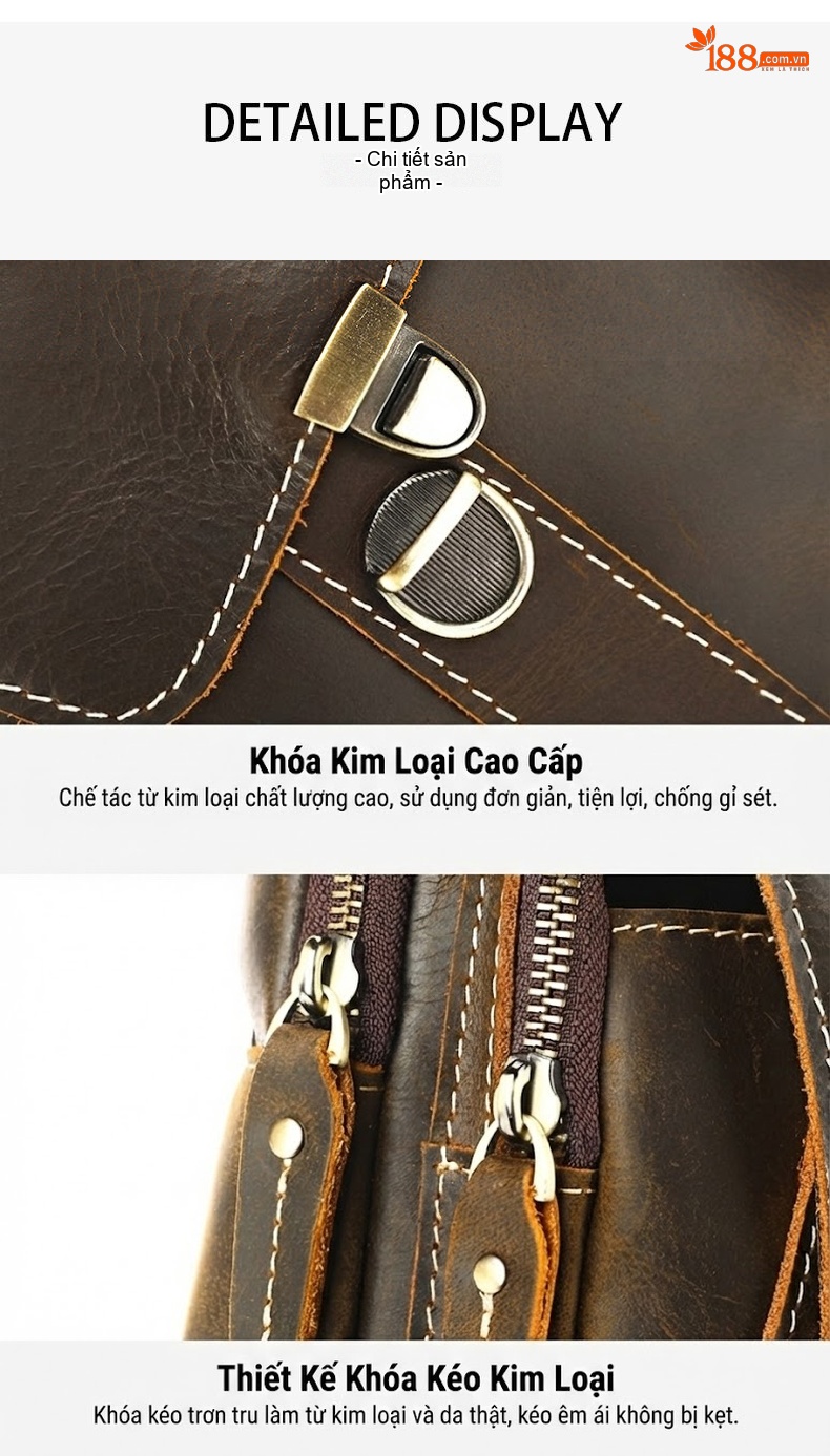 Túi Đeo Ngực Nam Da Bò Crazy Horse Phong Cách Retro, Đa Năng, Dung Tích Lớn Màu Nâu chi tiết 12