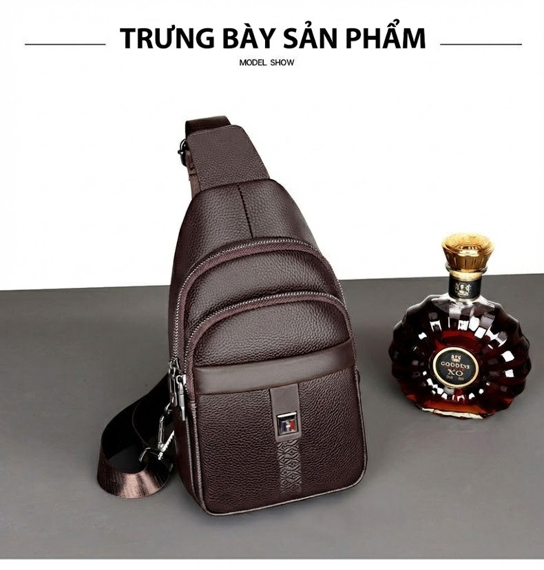 Túi Đeo Ngực Nam Da Bò Đeo Chéo Nhiều Ngăn Khóa Kéo Đôi Màu Đen, Nâu chi tiết 16