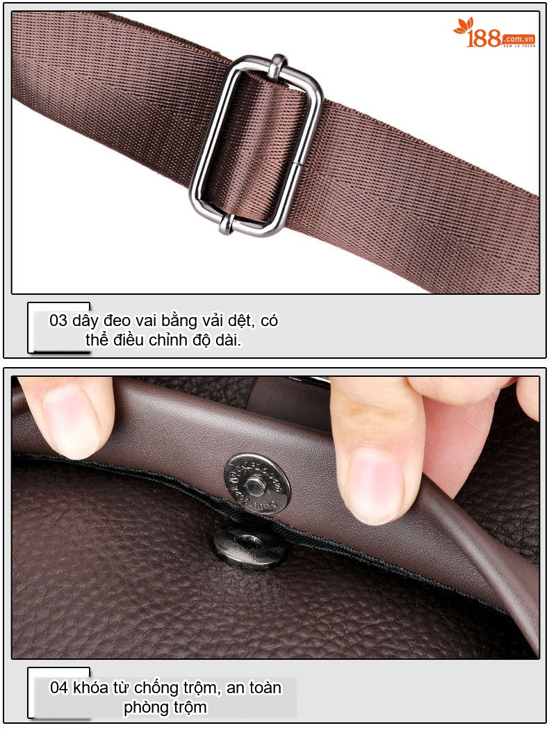 Túi Đeo Ngực Nam Da Bò Đeo Chéo Nhiều Ngăn Khóa Kéo Đôi Màu Đen, Nâu chi tiết 28