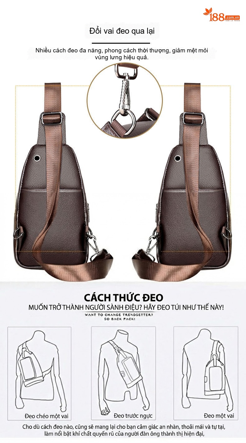Túi Đeo Ngực Nam Da Bò Đeo Chéo Nhiều Ngăn Khóa Kéo Đôi Màu Đen, Nâu chi tiết 9