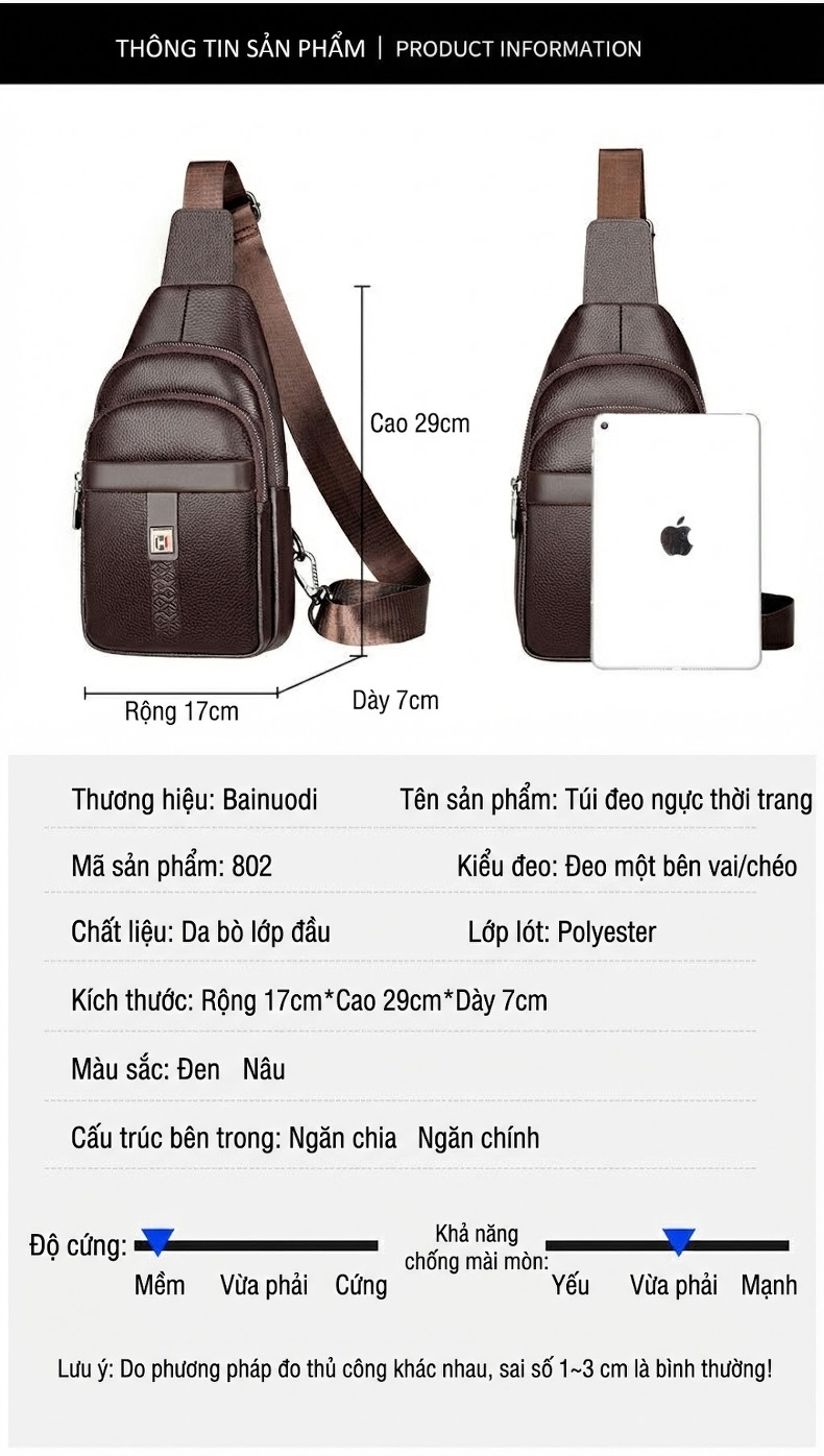 Túi Đeo Ngực Nam Da Bò Đeo Chéo Nhiều Ngăn Khóa Kéo Đôi Màu Đen, Nâu chi tiết 10