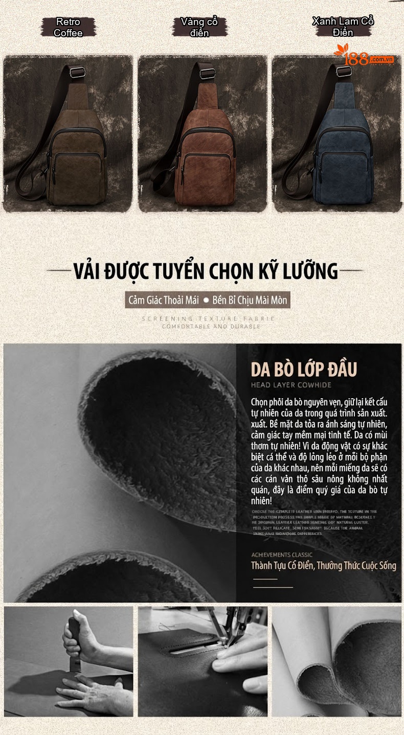 Túi Đeo Ngực Nam Da Bò Đeo Chéo Vai Phong Cách Retro Màu Nâu, Xanh Navy chi tiết 1