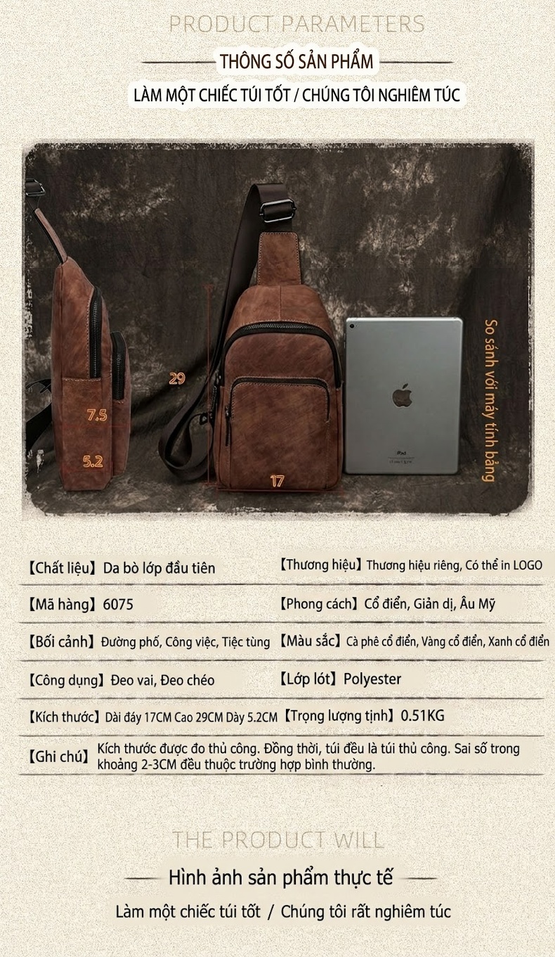 Túi Đeo Ngực Nam Da Bò Đeo Chéo Vai Phong Cách Retro Màu Nâu, Xanh Navy chi tiết 2