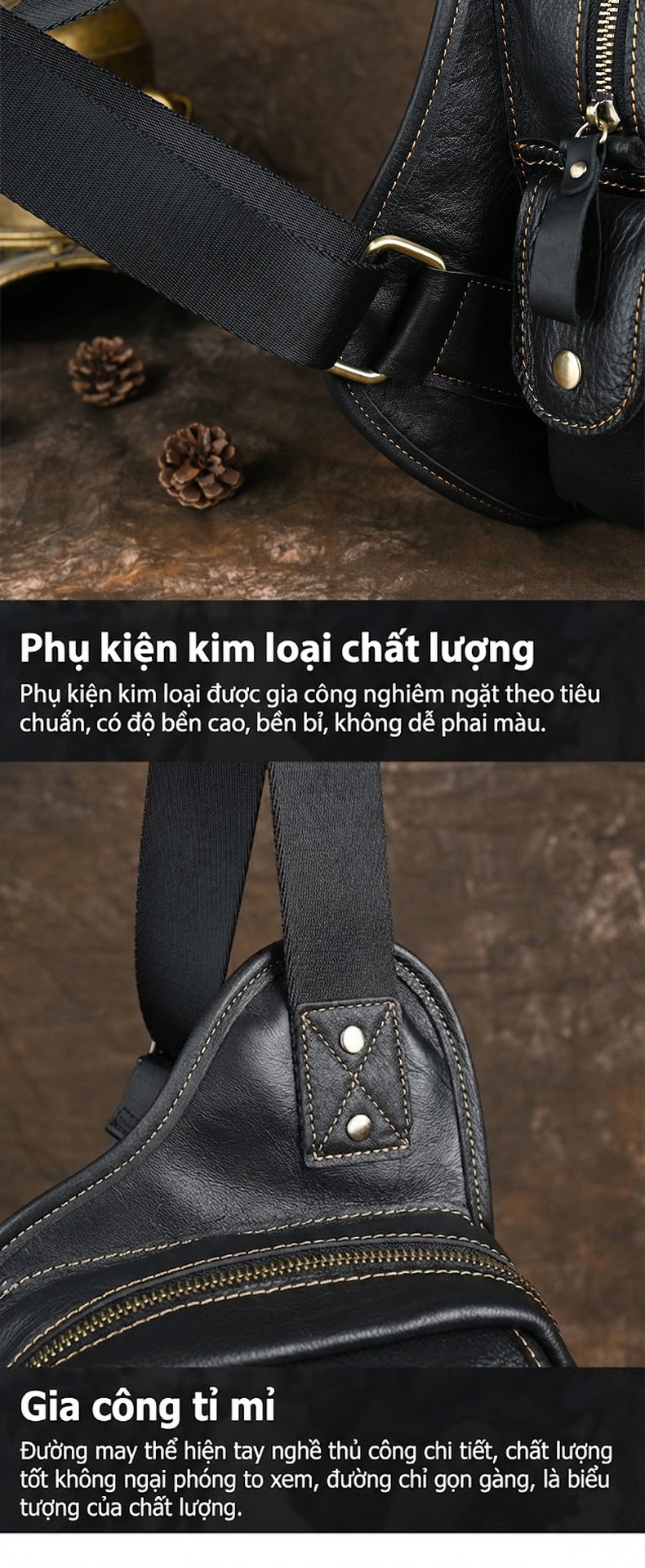 Túi Đeo Ngực Nam Da Bò Dung Tích Lớn Đeo Chéo Một Bên Vai Da Mềm Phong Cách Casual Màu Đen chi tiết 10