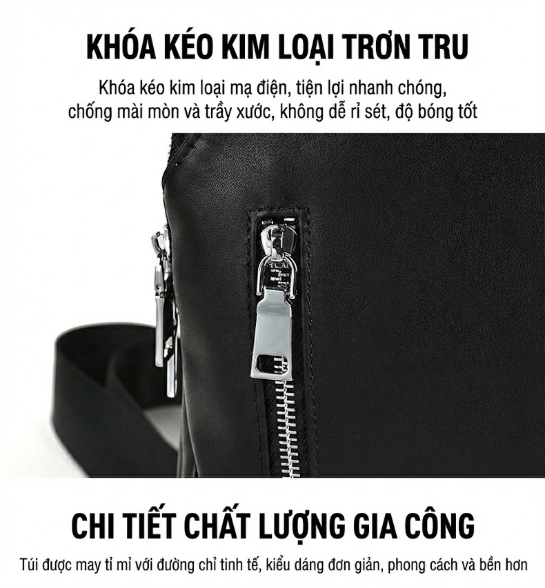 Túi Đeo Ngực Nam Da Bò Hai Khóa Kéo Dung Tích Lớn Thời Trang Màu Đen chi tiết 18