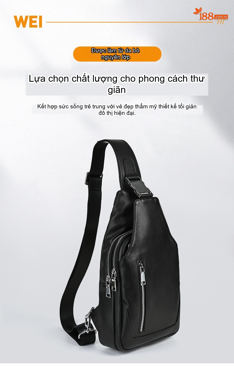 Túi Đeo Ngực Nam Da Bò Hai Khóa Kéo Dung Tích Lớn Thời Trang Màu Đen chi tiết 1