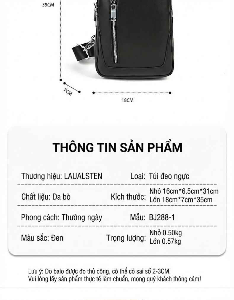 Túi Đeo Ngực Nam Da Bò Hai Khóa Kéo Dung Tích Lớn Thời Trang Màu Đen chi tiết 4