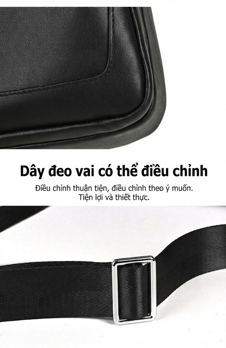 Túi Đeo Ngực Nam Da Bò Hai Khóa Kéo Dung Tích Lớn Thời Trang Màu Đen chi tiết 19