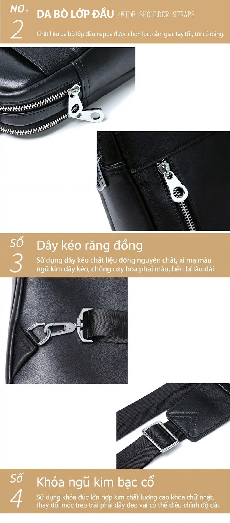 Túi đeo ngực nam da bò kiểu dáng thể thao, thiết kế nhỏ gọn chi tiết 15