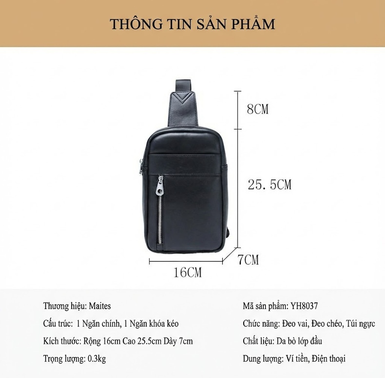 Túi đeo ngực nam da bò kiểu dáng thể thao, thiết kế nhỏ gọn chi tiết 9