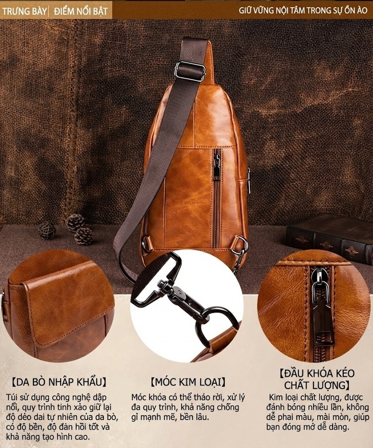 Túi Đeo Ngực Nam Da Bò Lớp Đầu Phong Cách Retro Màu Nâu, Đen chi tiết 2