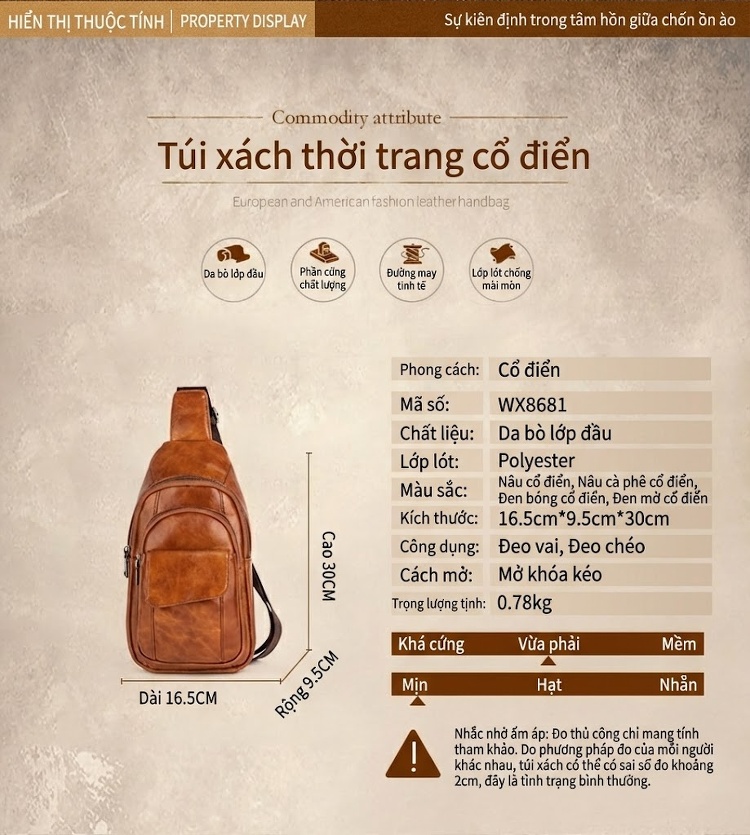 Túi Đeo Ngực Nam Da Bò Lớp Đầu Phong Cách Retro Màu Nâu, Đen chi tiết 1