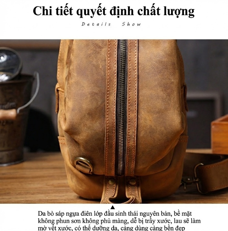 Túi Đeo Ngực Nam Da Bò Lớp Đầu Tiên Phong Cách Retro Màu Nâu chi tiết 14