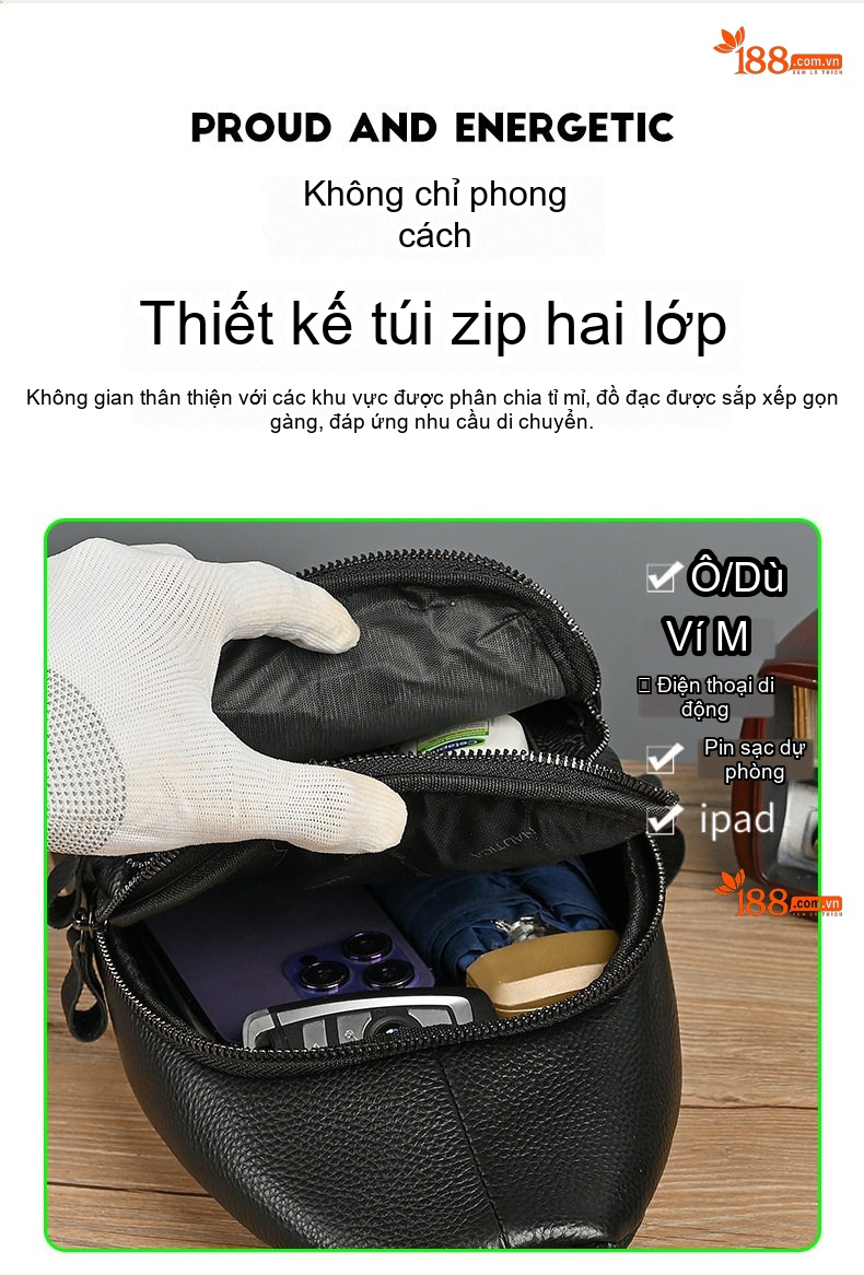 Túi Đeo Ngực Nam Da Bò Phong Cách Hàn Quốc Tiện Lợi Màu Đen chi tiết 8