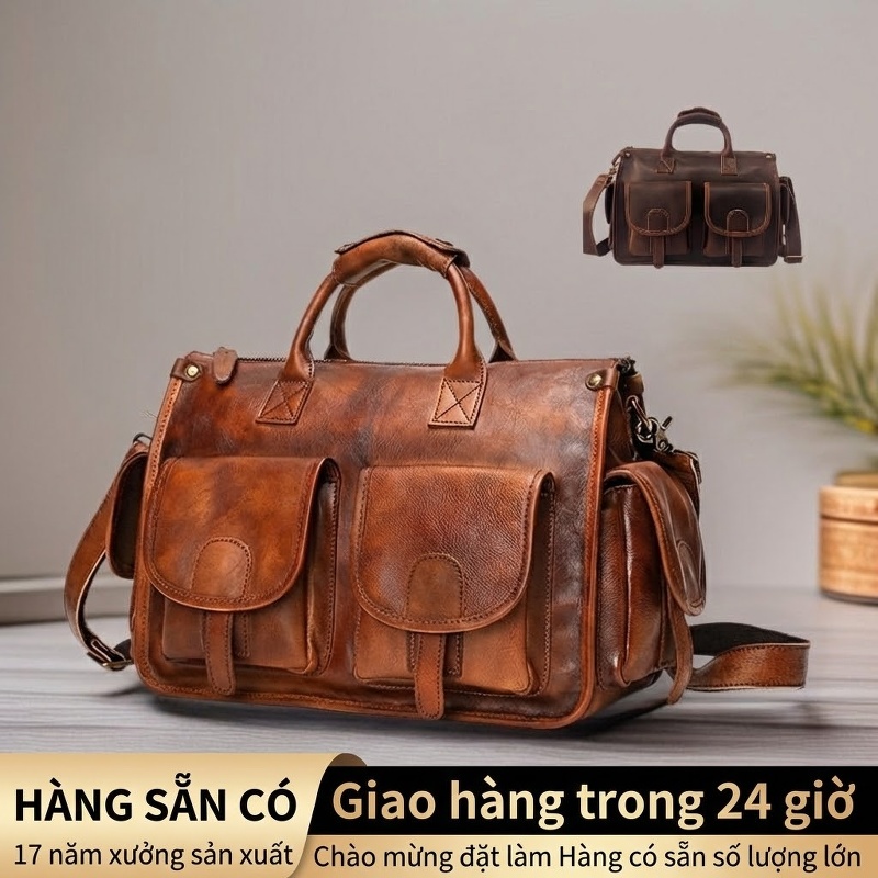 Túi Đeo Ngực Nam Da Bò Sáp Thủ Công Vintage Màu Nâu chi tiết 16