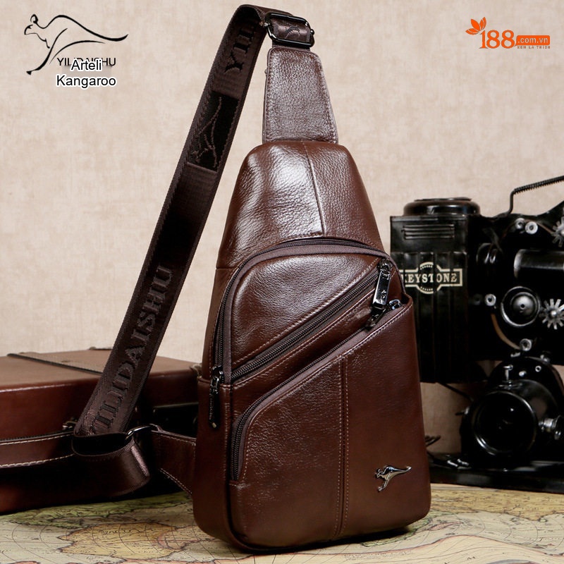 Túi Đeo Ngực Nam Da Bò Sáp Thủ Công Vintage Màu Nâu chi tiết 17