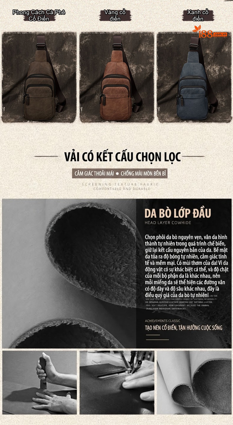 Túi Đeo Ngực Nam Da Bò Thật Đeo Chéo Một Bên Vai Phong Cách Retro Màu Nâu, Xanh Navy, Xám chi tiết 1