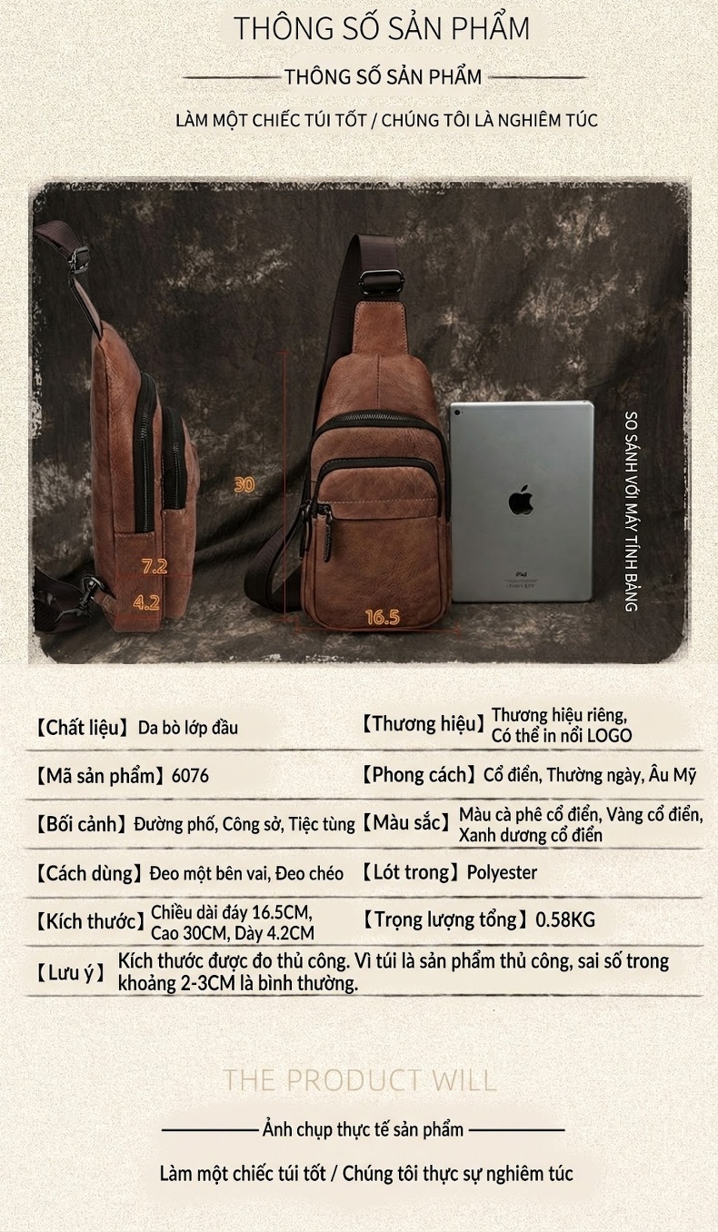Túi Đeo Ngực Nam Da Bò Thật Đeo Chéo Một Bên Vai Phong Cách Retro Màu Nâu, Xanh Navy, Xám chi tiết 2