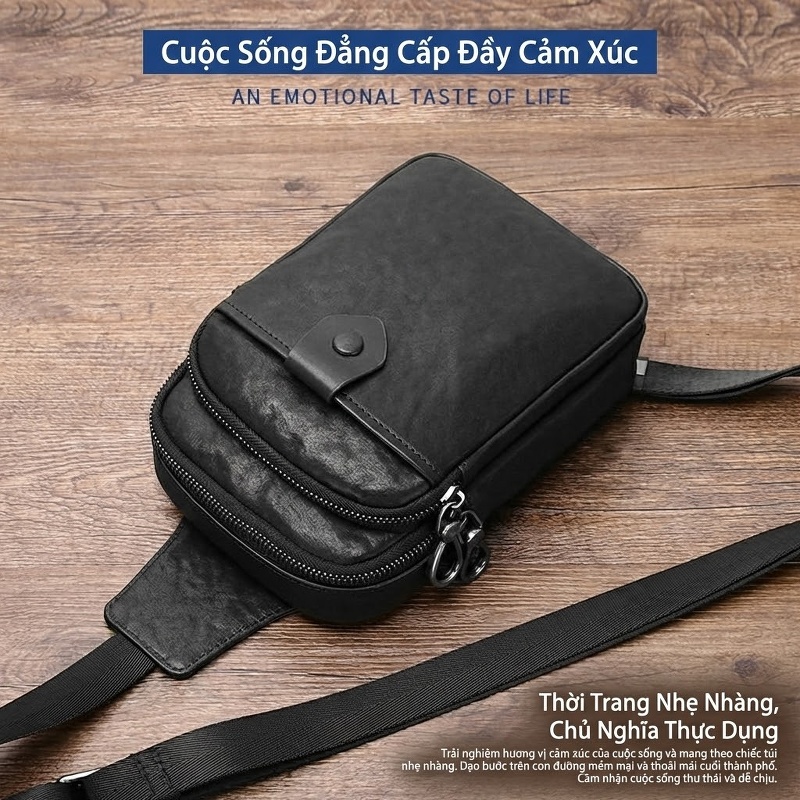 Túi Đeo Ngực Nam Da Bò Thật Đeo Vai Một Bên Phong Cách Thời Trang Màu Đen
