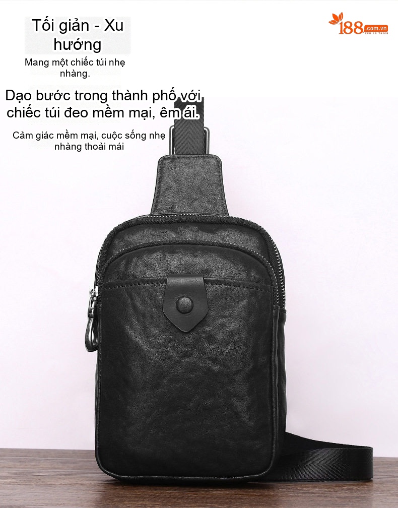 Túi Đeo Ngực Nam Da Bò Thật Đeo Vai Một Bên Phong Cách Thời Trang Màu Đen chi tiết 2